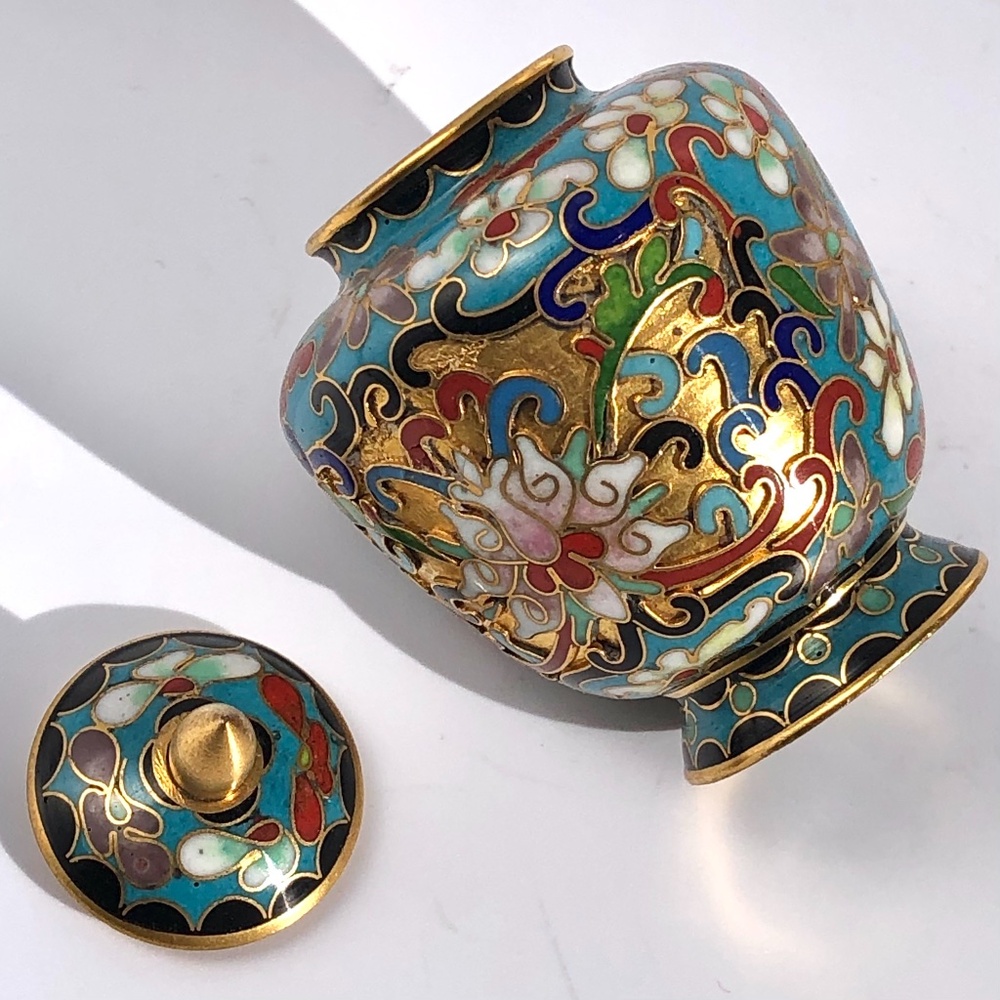 Chinese lotus flower cloisonne ginger jar vase with lid blue gold brass enamel - Picture 8 of 16